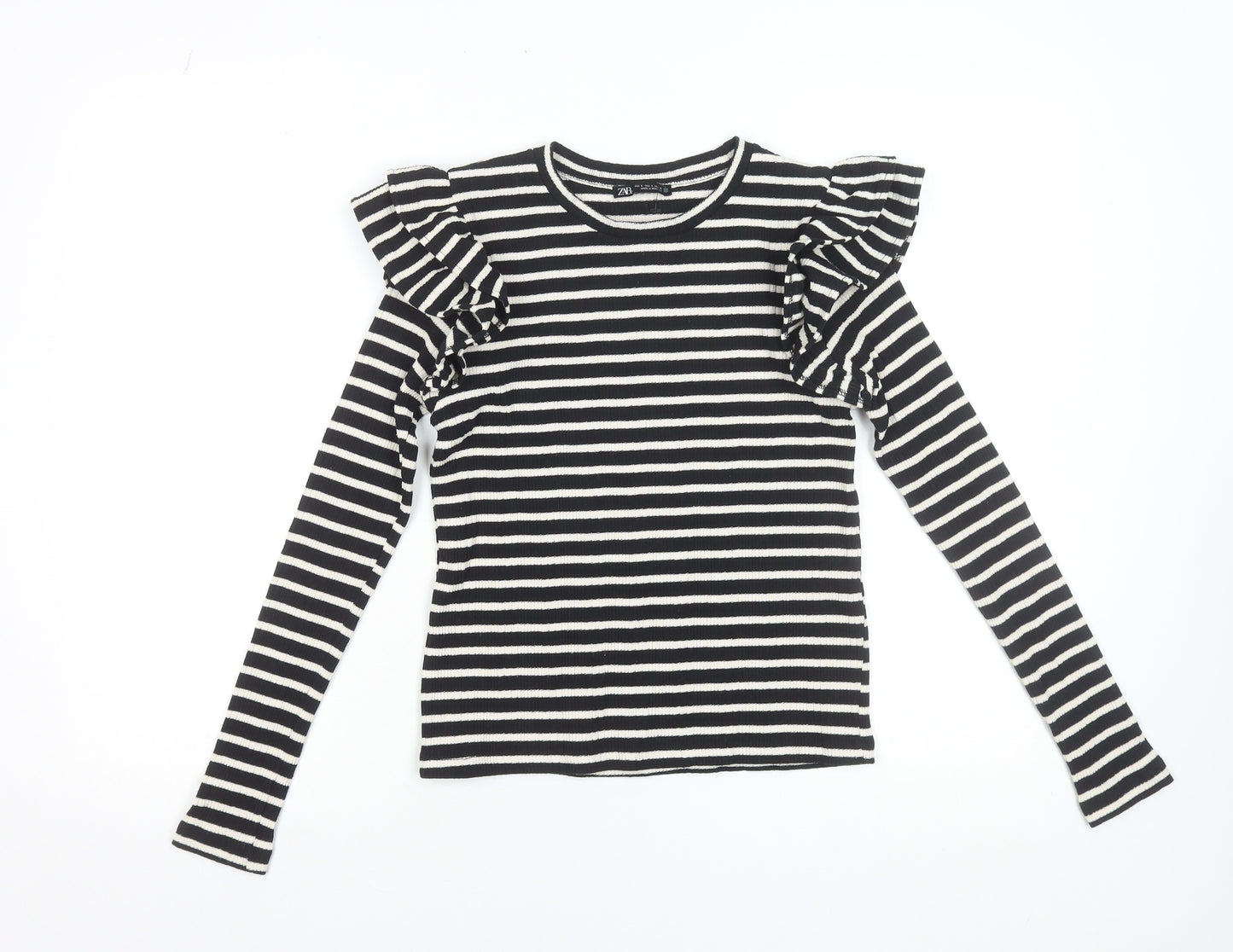 Zara Womens Black Striped Ruffle Long Sleeve T-Shirt Size S