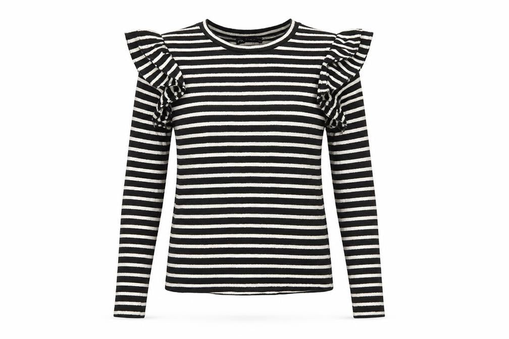 Zara Womens Black Striped Ruffle Long Sleeve T-Shirt Size S