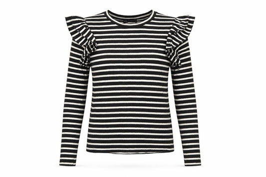 Zara Womens Black Striped Ruffle Long Sleeve T-Shirt Size S