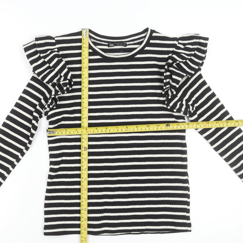 Zara Womens Black Striped Ruffle Long Sleeve T-Shirt Size S