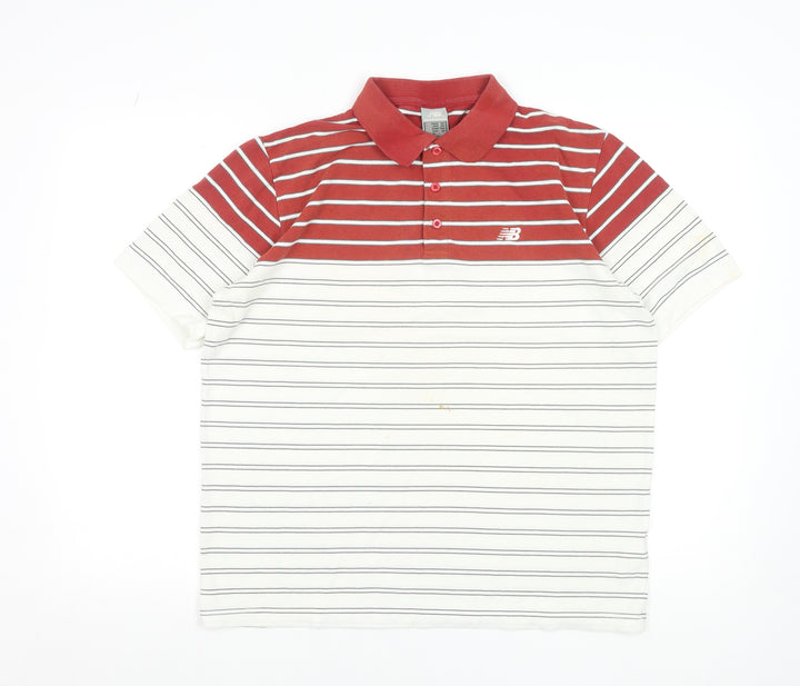 New Balance Men's Red Striped Polo Shirt Size L Cotton Casual Top