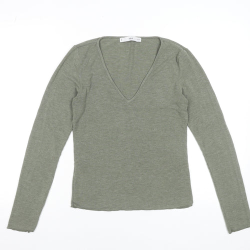 MNG Women's Green Long Sleeve V-Neck Slim Fit Jersey Top Size M