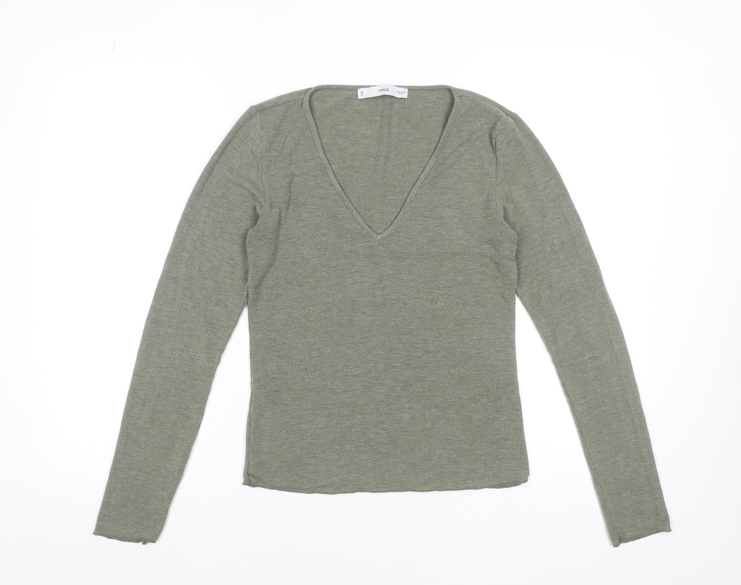 MNG Women's Green Long Sleeve V-Neck Slim Fit Jersey Top Size M