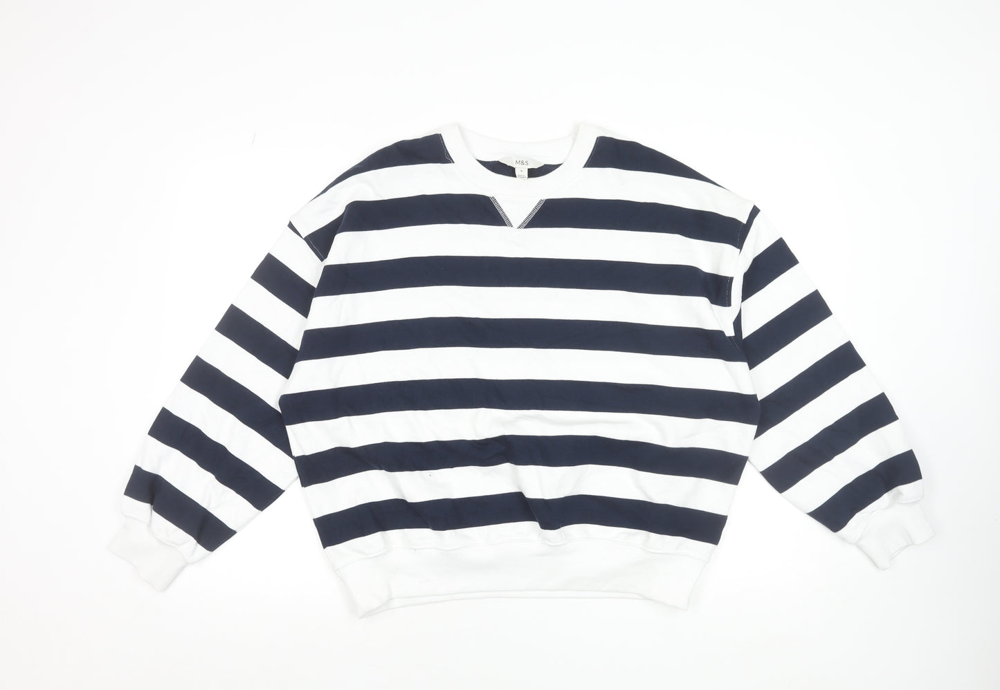 Marks and Spencer Women's Navy White Striped Crew Neck Cotton Sweatshirt Medium