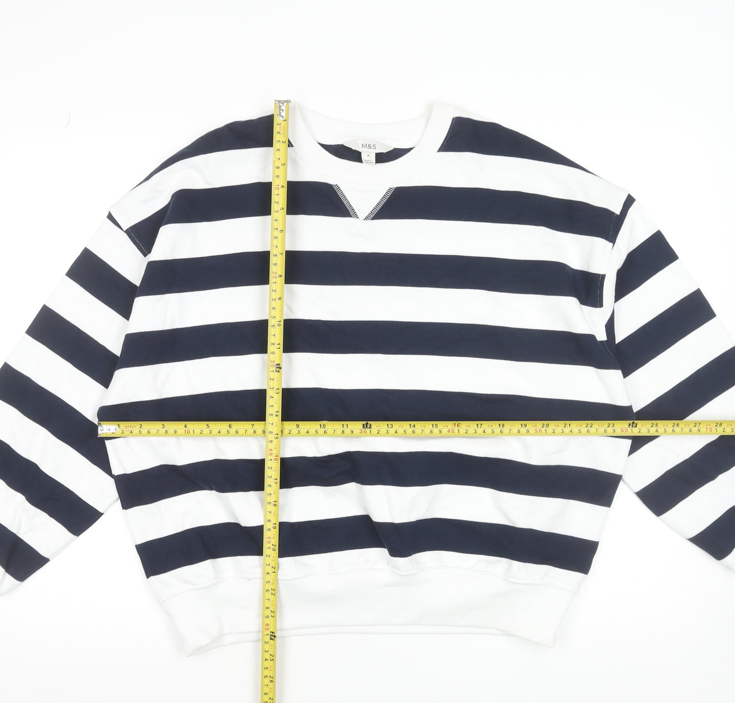 Marks and Spencer Women's Navy White Striped Crew Neck Cotton Sweatshirt Medium