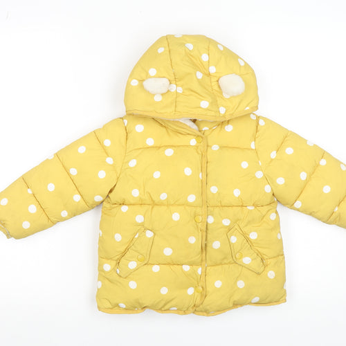 Next Girls Yellow Polka Dot Hooded Puffer Jacket 2-3 Years Polyester