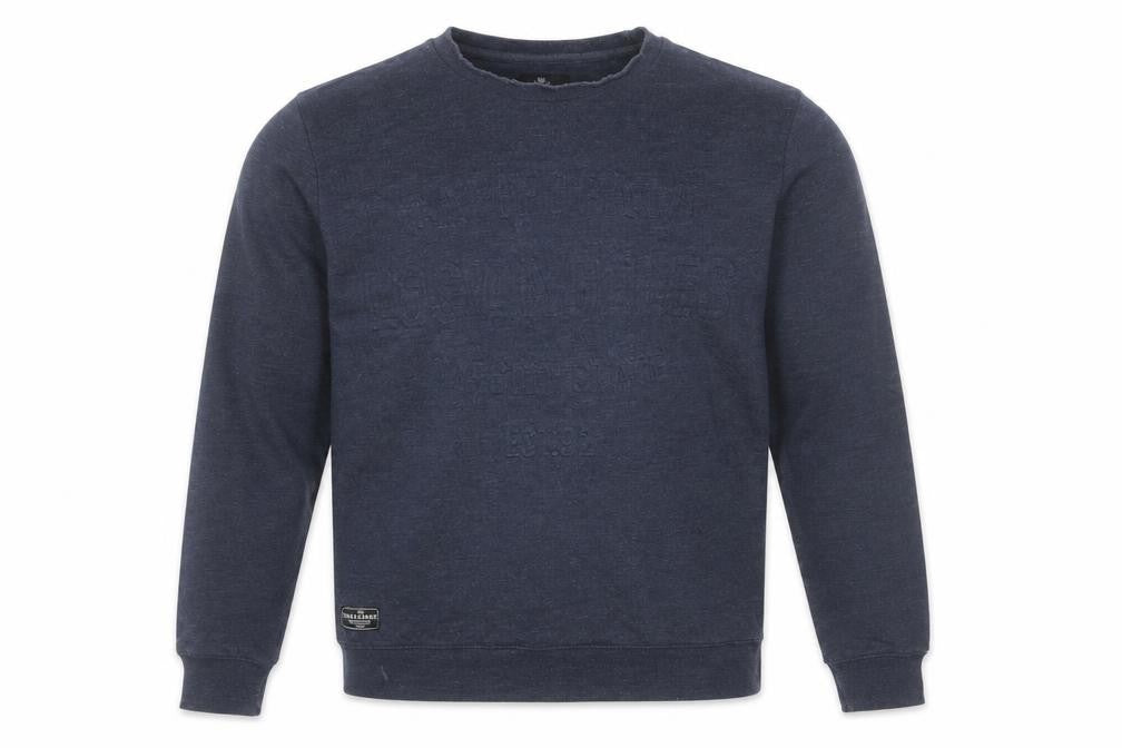 Front view of Threadbare Men's Navy Blue Crew Neck Sweatshirt, size M, Classic Cotton Blend Pullover