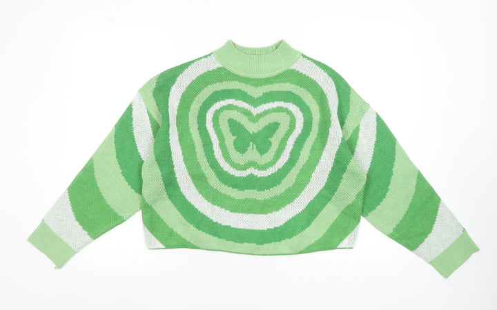 H&M Divided Women’s Green Butterfly Mock Neck Acrylic Jumper Size 12