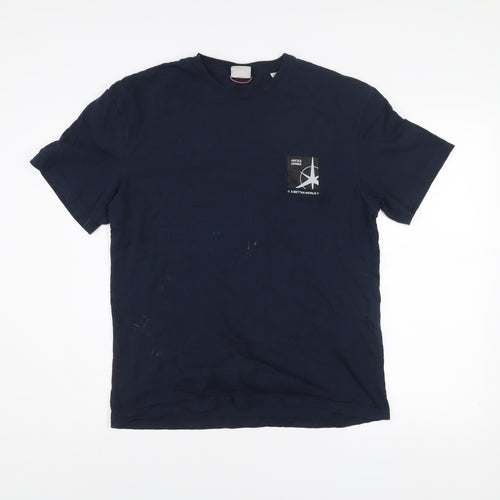 Jack & Jones Men's Blue Medium Cotton Crew Neck Graphic T-Shirt