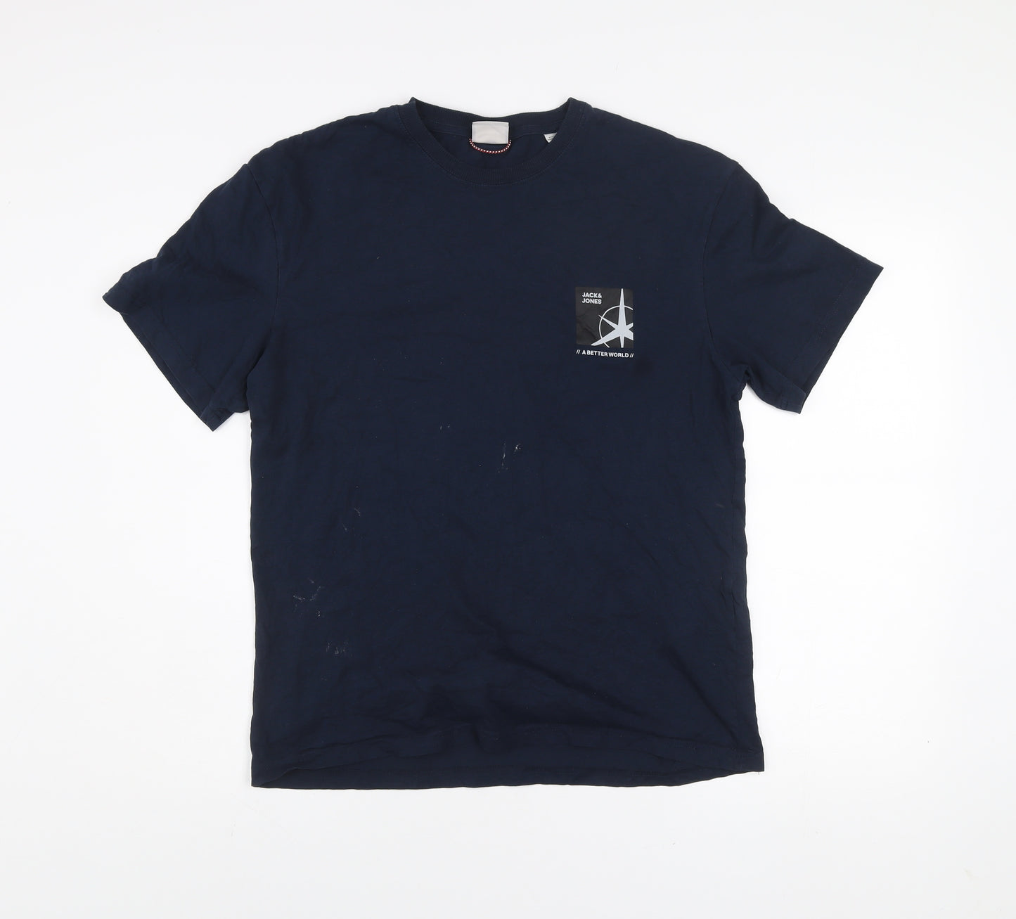 Jack & Jones Men's Blue Medium Cotton Crew Neck Graphic T-Shirt
