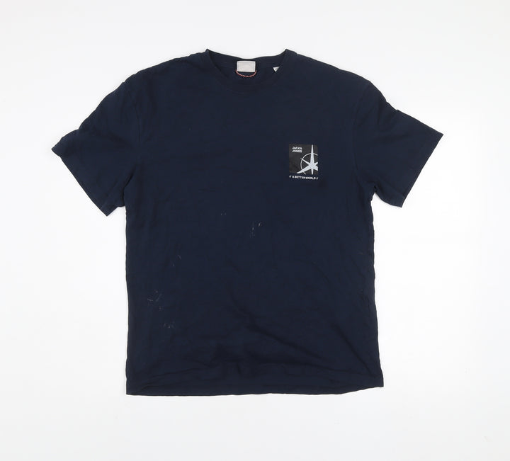 Jack & Jones Men's Blue Medium Cotton Crew Neck Graphic T-Shirt