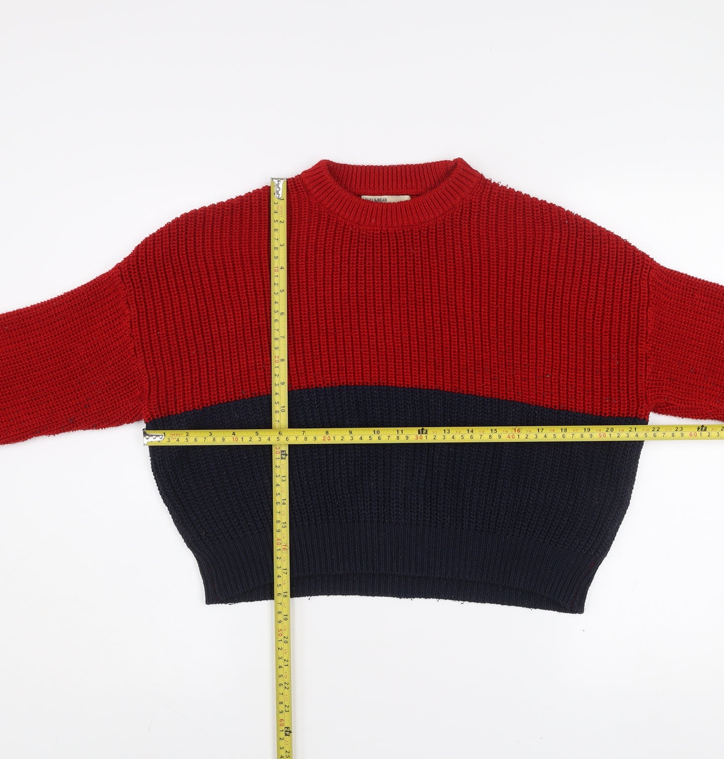 Pull&Bear Women's Red Blue Chunky Knit Jumper Size 12