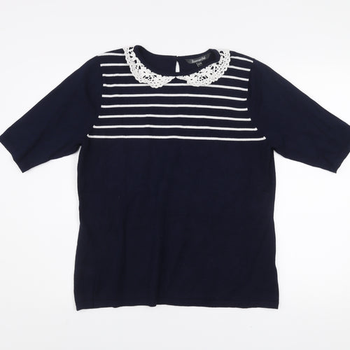 Bonmarché Women's Blue Striped Crochet Collar Short Sleeve Blouse Size 16