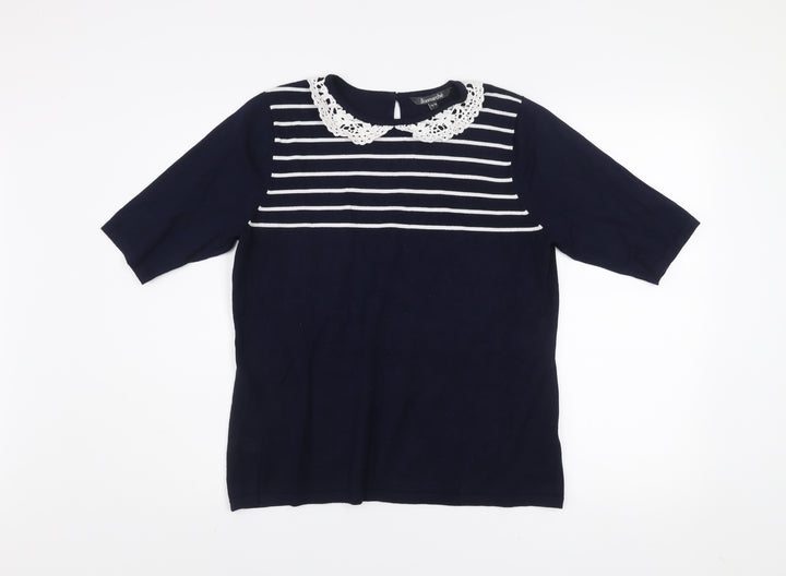 Bonmarché Women's Blue Striped Crochet Collar Short Sleeve Blouse Size 16