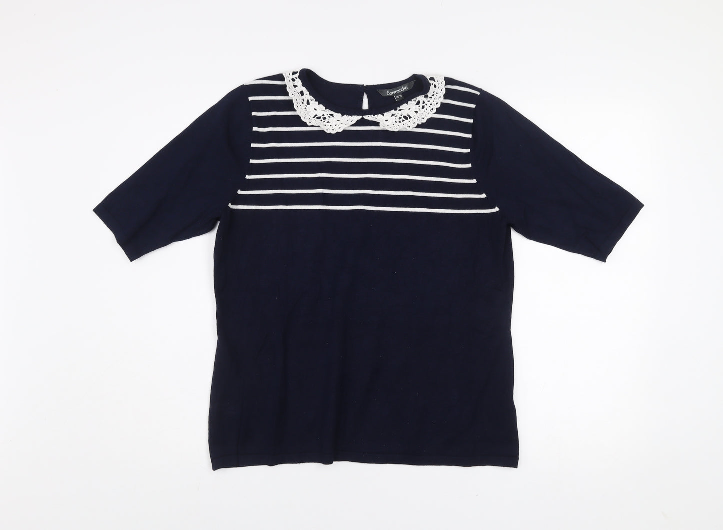 Bonmarché Women's Blue Striped Crochet Collar Short Sleeve Blouse Size 16