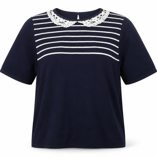 Bonmarché Women's Blue Striped Crochet Collar Short Sleeve Blouse Size 16
