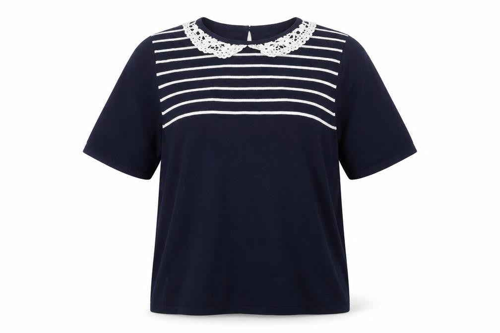 Bonmarché Women's Blue Striped Crochet Collar Short Sleeve Blouse Size 16