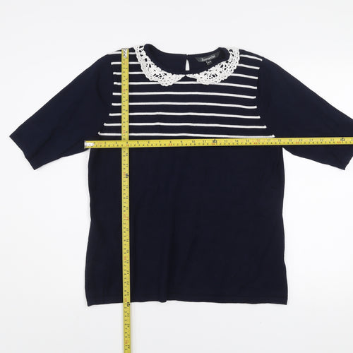Bonmarché Women's Blue Striped Crochet Collar Short Sleeve Blouse Size 16