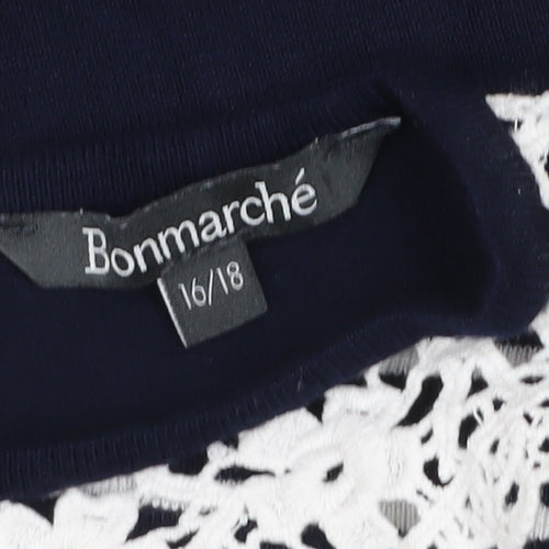 Bonmarché Women's Blue Striped Crochet Collar Short Sleeve Blouse Size 16
