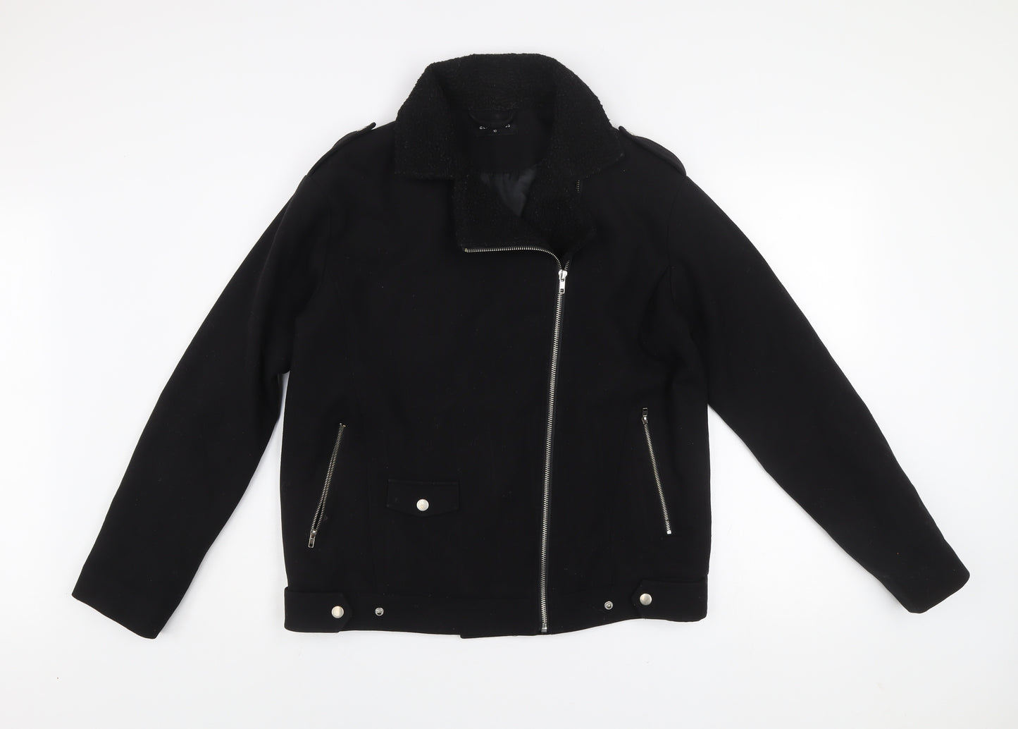 Glamorous Women's Black Biker Jacket Size 10 Lined Zip Casual