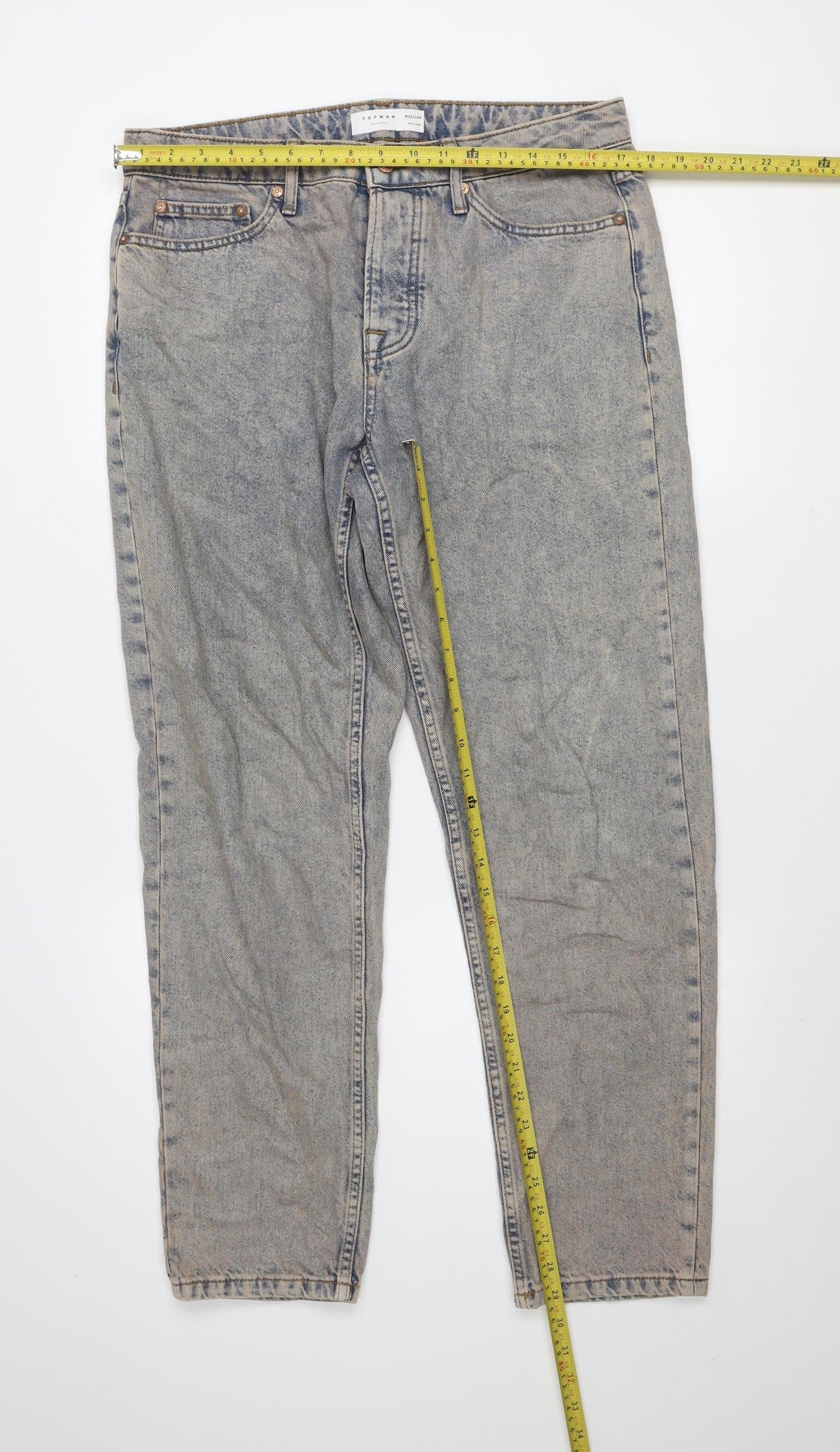 Topman Men’s Blue Acid Wash Relaxed Fit Straight Jeans W32 L34