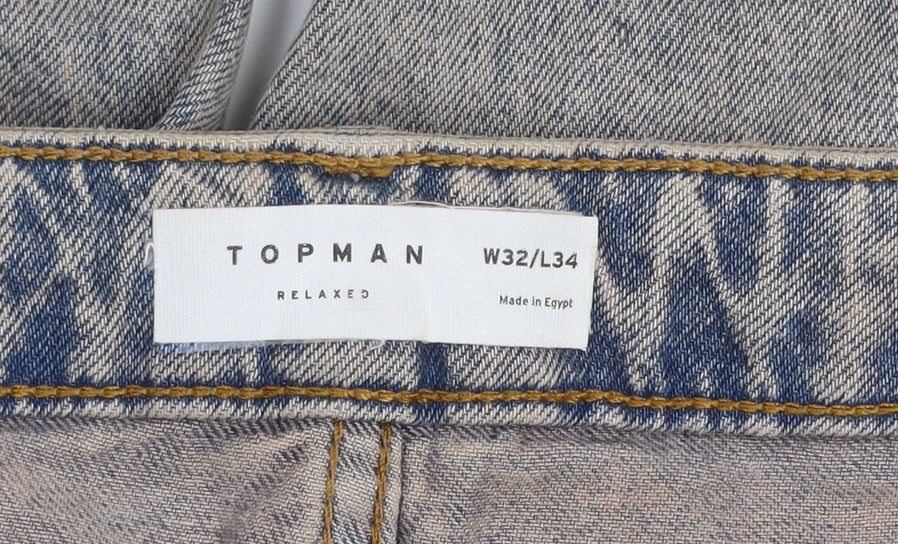 Topman Men’s Blue Acid Wash Relaxed Fit Straight Jeans W32 L34