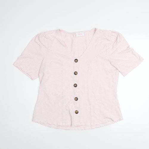 Savida Women Light Pink Striped Button Blouse Size 16 V-Neck