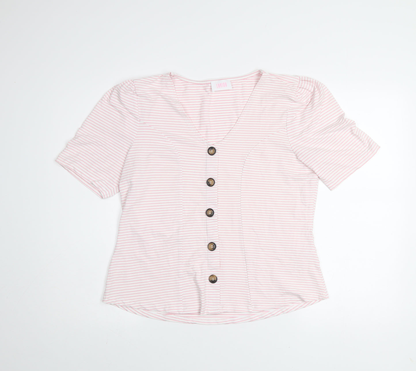 Savida Women Light Pink Striped Button Blouse Size 16 V-Neck