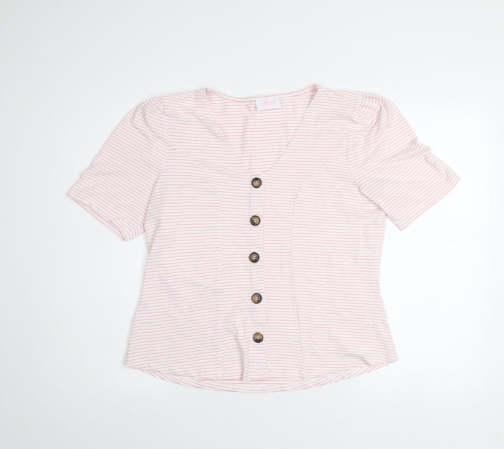 Savida Women Light Pink Striped Button Blouse Size 16 V-Neck