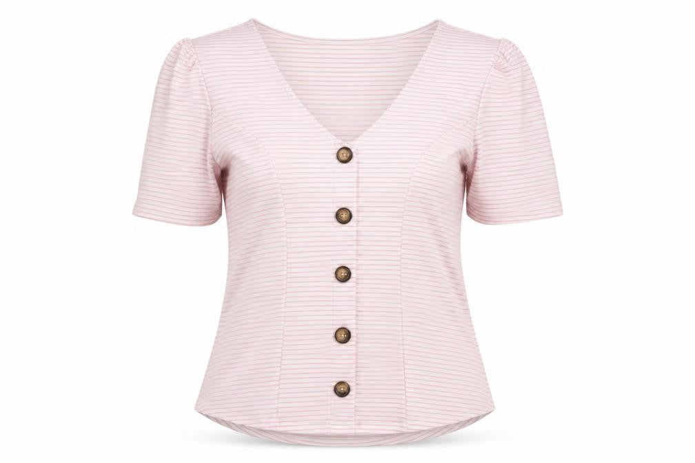 Front view of Savida Women Light Pink Striped Button Blouse, size 16, V-Neck