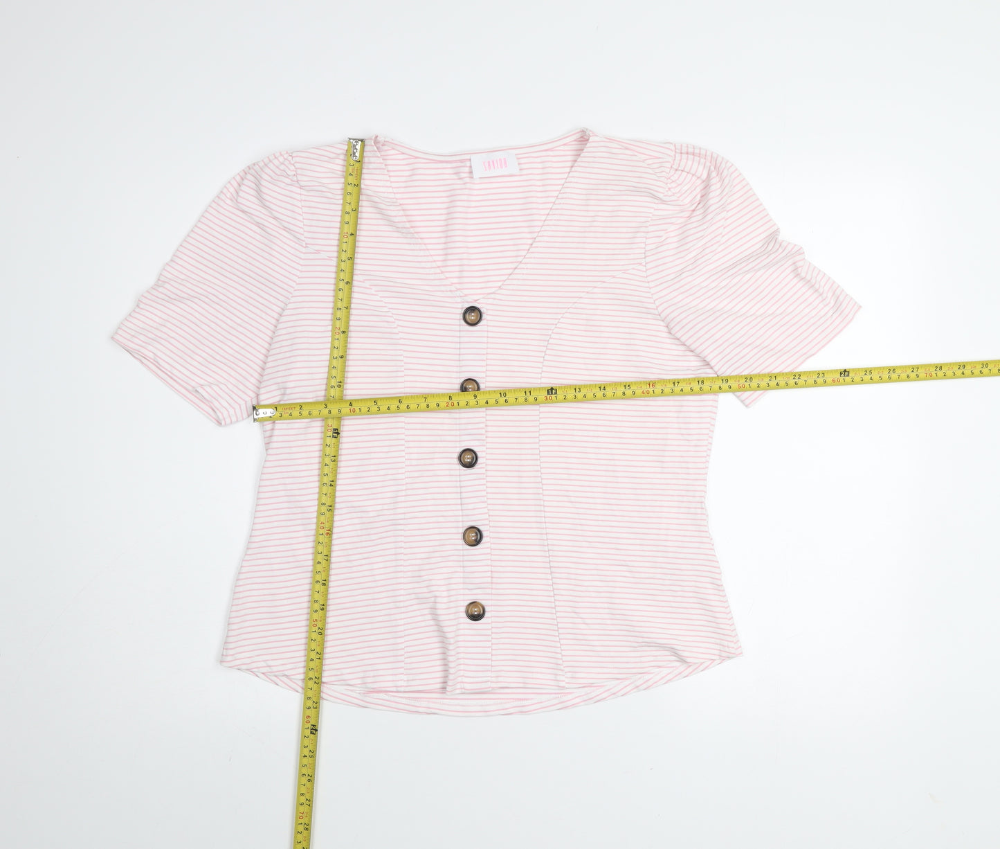 Savida Women Light Pink Striped Button Blouse Size 16 V-Neck