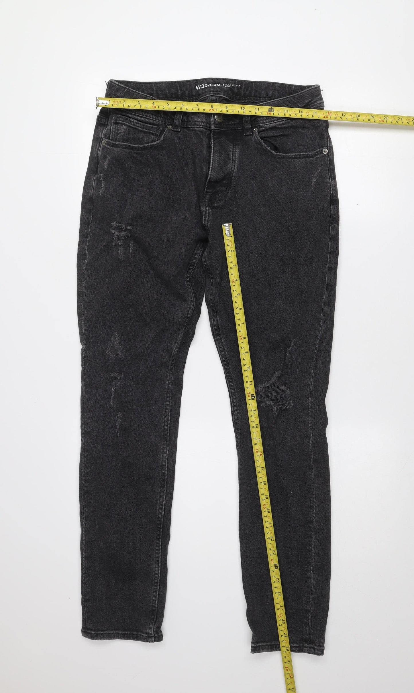Denim Co Men's Black Slim Fit Distressed Jeans W30 L30