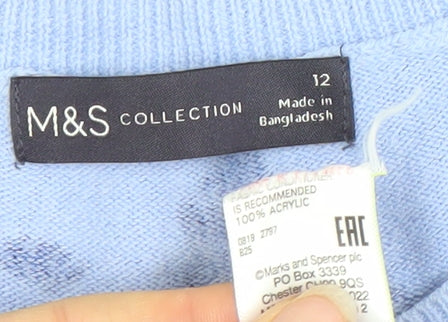 Marks and Spencer Women’s Blue Geometric Acrylic Crew Neck Jumper Size 12