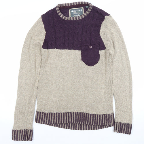 Soulstar Women’s Beige & Purple Cable-Knit Jumper Size S Long Sleeve Pullover