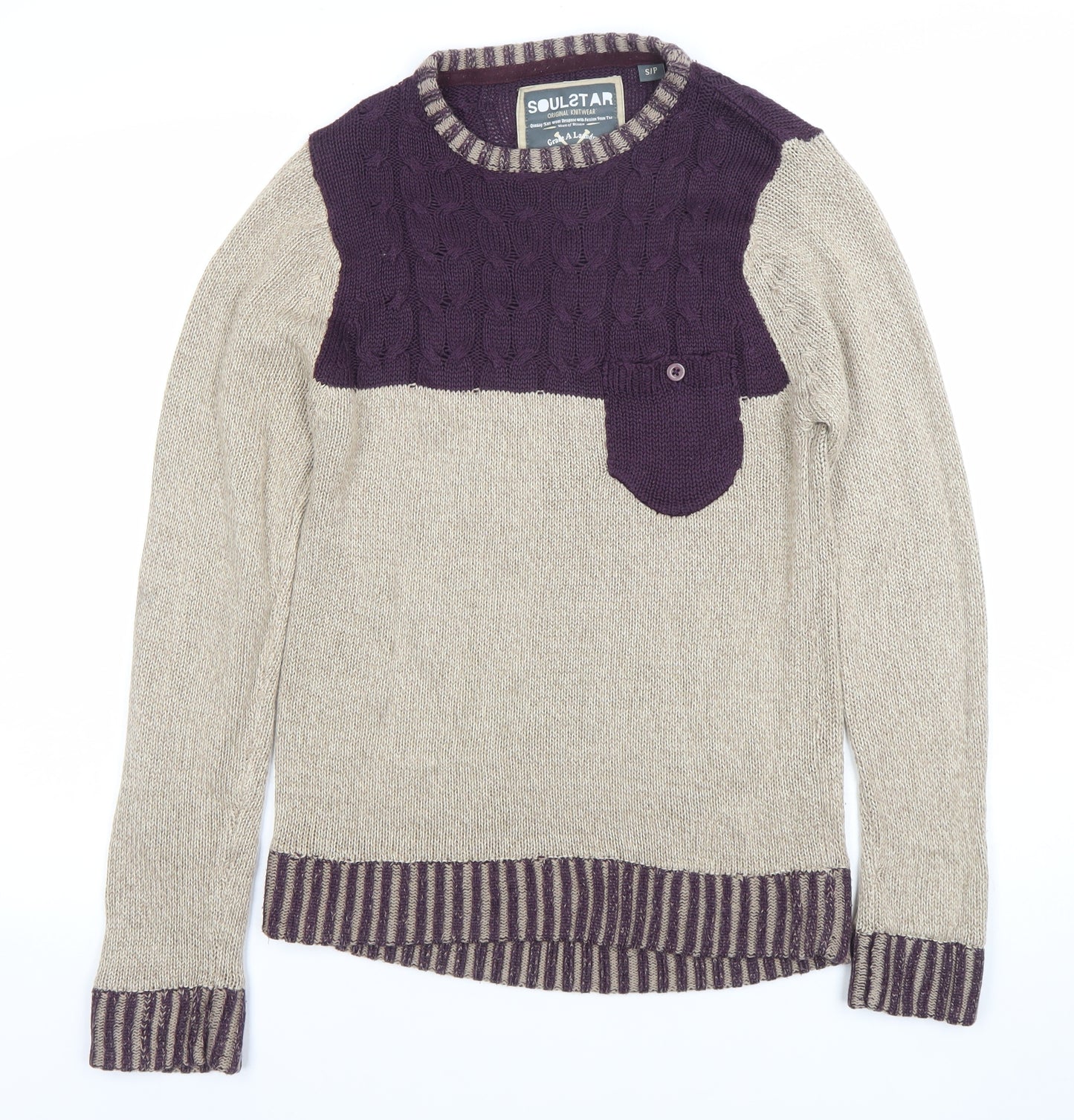 Soulstar Women’s Beige & Purple Cable-Knit Jumper Size S Long Sleeve Pullover