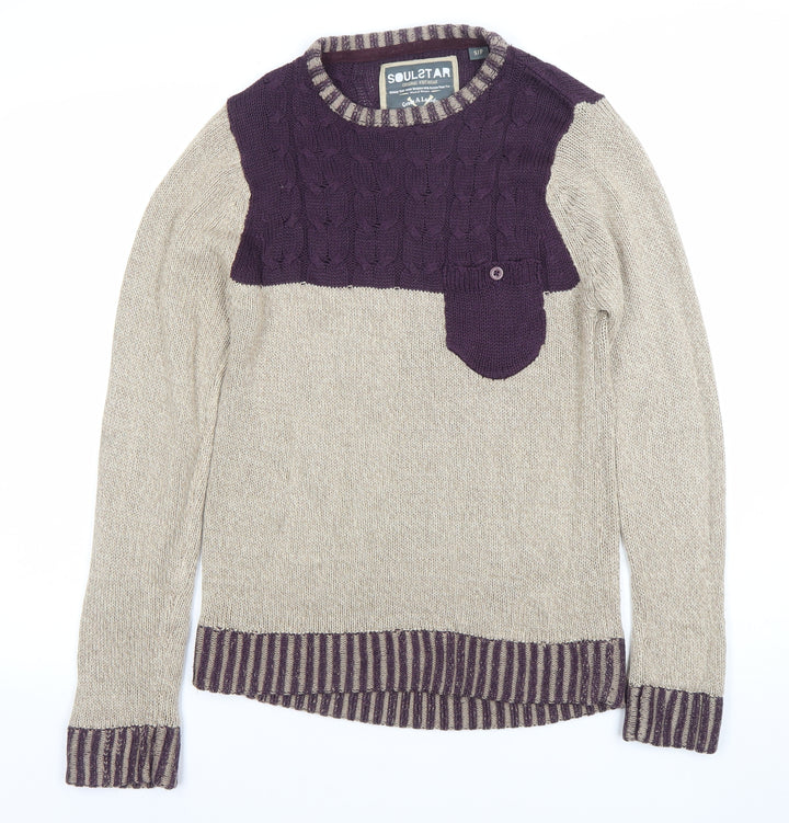 Soulstar Women’s Beige & Purple Cable-Knit Jumper Size S Long Sleeve Pullover