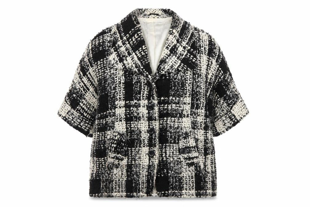 Front view of Per Una Speziale Women's Black Checked Wool Blend Blazer, size 16