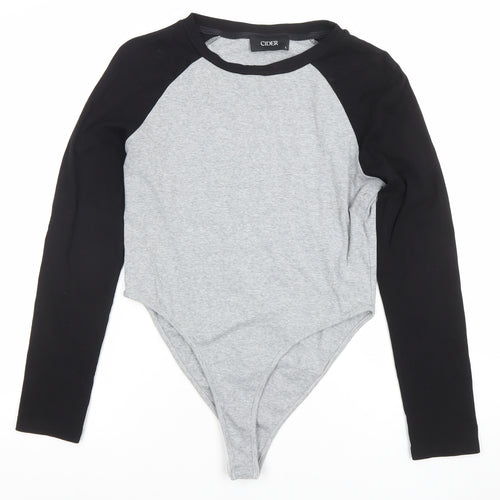 Cider Womens Grey Black Long Sleeve Bodysuit L