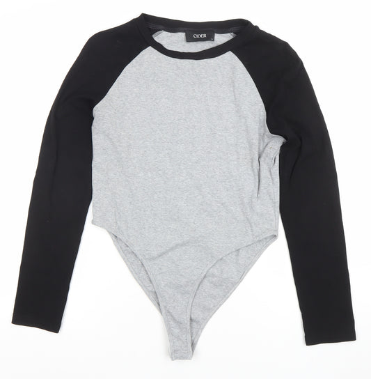 Cider Womens Grey Black Long Sleeve Bodysuit L
