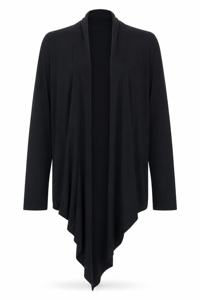 Front view of CMD women’s black v-neck long sleeve cardigan, size M