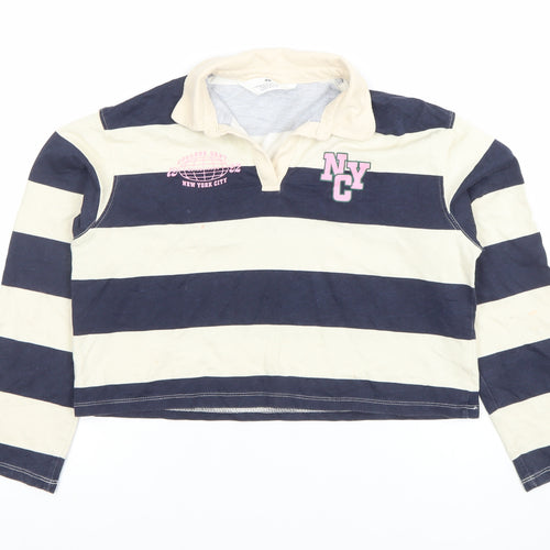 H&M Girls Blue Beige Striped Long Sleeve Polo Top 10-12 Years