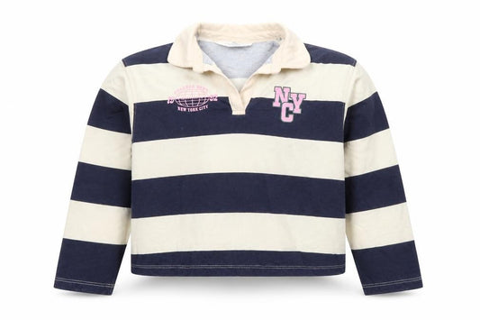 Front view of H&M girls’ blue beige striped long sleeve polo top 10-12 years