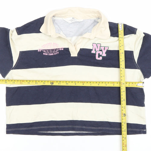 H&M Girls Blue Beige Striped Long Sleeve Polo Top 10-12 Years