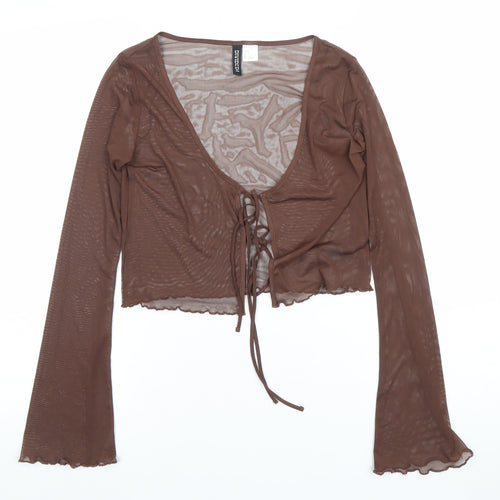 H&M Divided Women’s Brown Mesh Cropped Tie Blouse Long Sleeve Size S