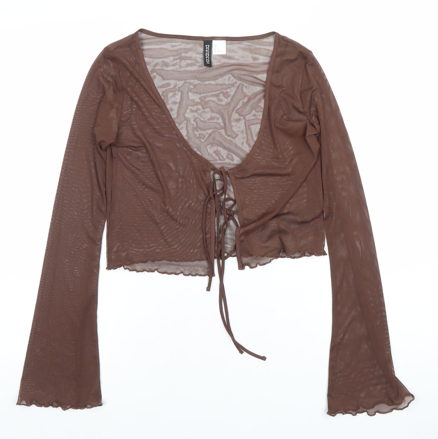 H&M Divided Women’s Brown Mesh Cropped Tie Blouse Long Sleeve Size S