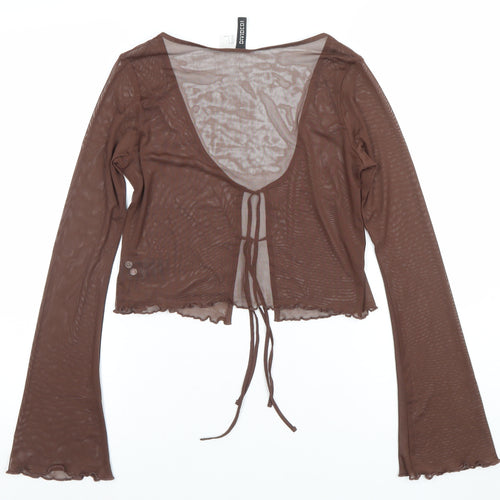 H&M Divided Women’s Brown Mesh Cropped Tie Blouse Long Sleeve Size S