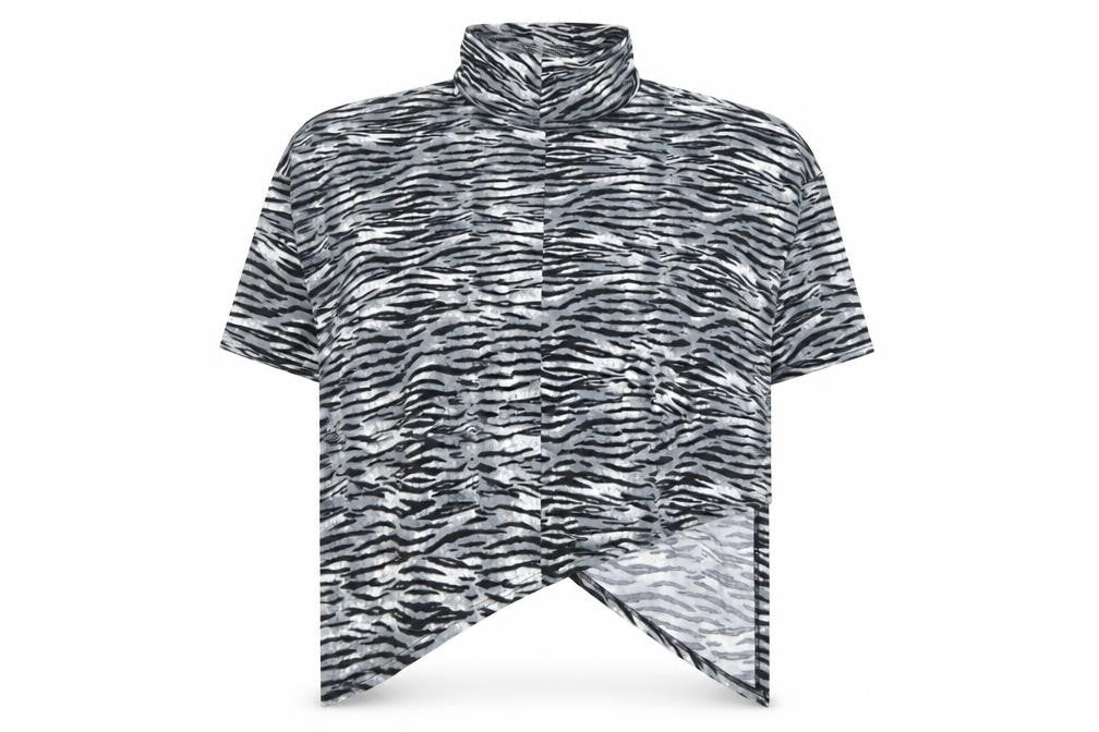 Front view of Malissa J women’s grey animal print roll neck tunic top l