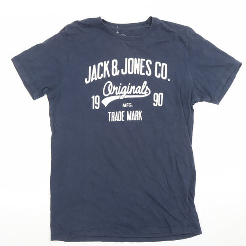 Jack & Jones Mens Blue Originals Graphic Crew Neck Cotton T-Shirt Size M
