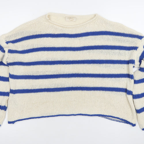 Glossy Paris Womens White Blue Striped Cotton Knit Jumper M