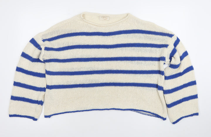 Glossy Paris Womens White Blue Striped Cotton Knit Jumper M